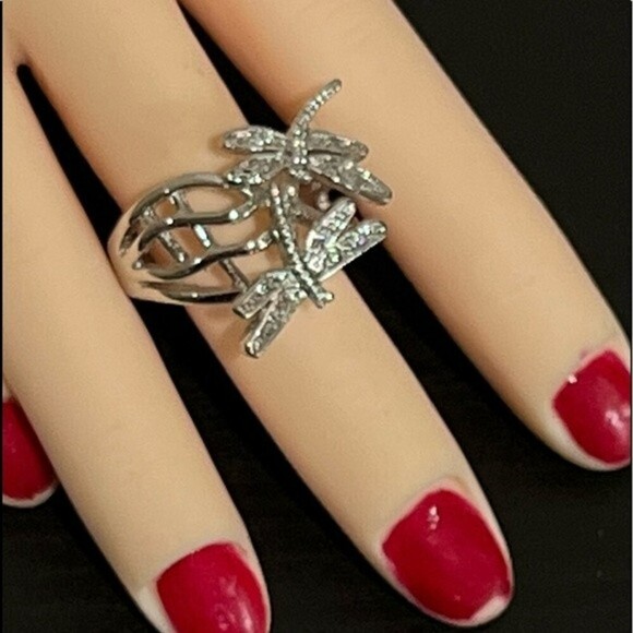Double Dragonfly Silver Tone Ring - 7 3/4 - Picture 1 of 12